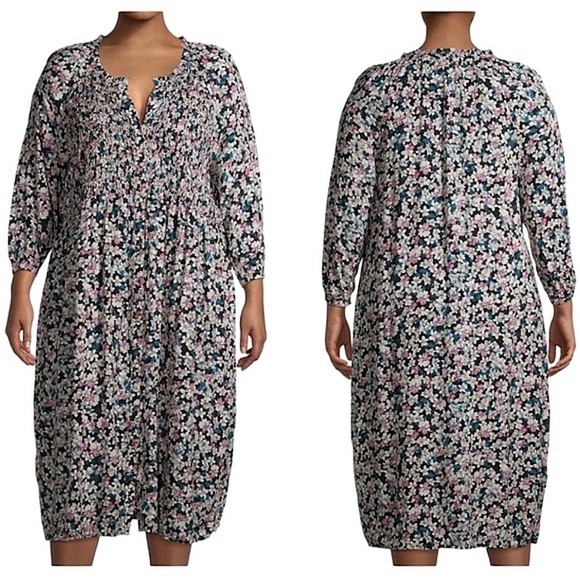 NWT Terra & Sky Plus Size Micro Floral Smocked Midi Dress Size 4X Button Down - Picture 1 of 8